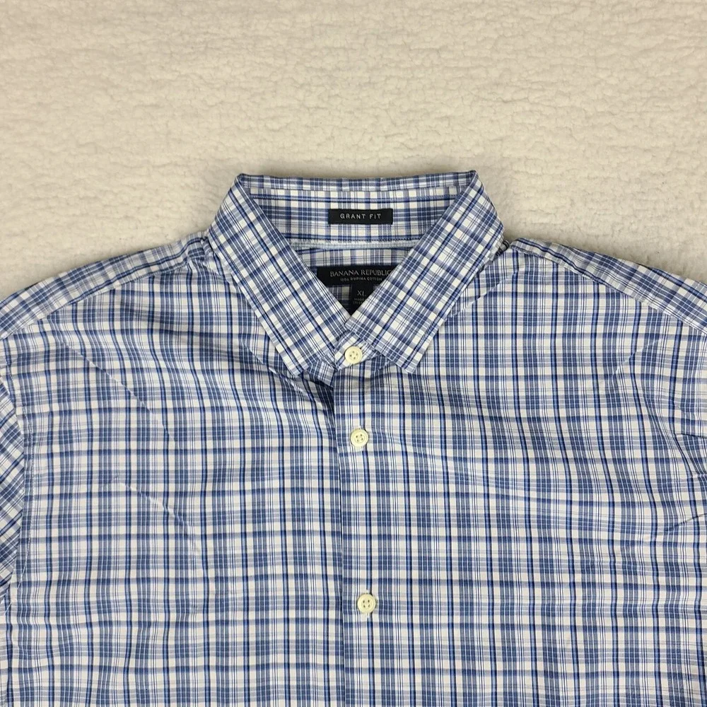 Banana Republic Shirt Men XL Blue Plaid Grant Fit 120s Supima Cotton Button Up *